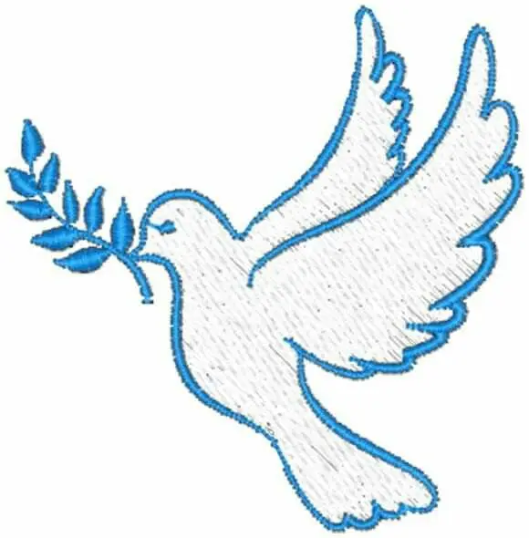 A white dove outlined in blue holding a blue olive branch in its beak, symbolizing peace.